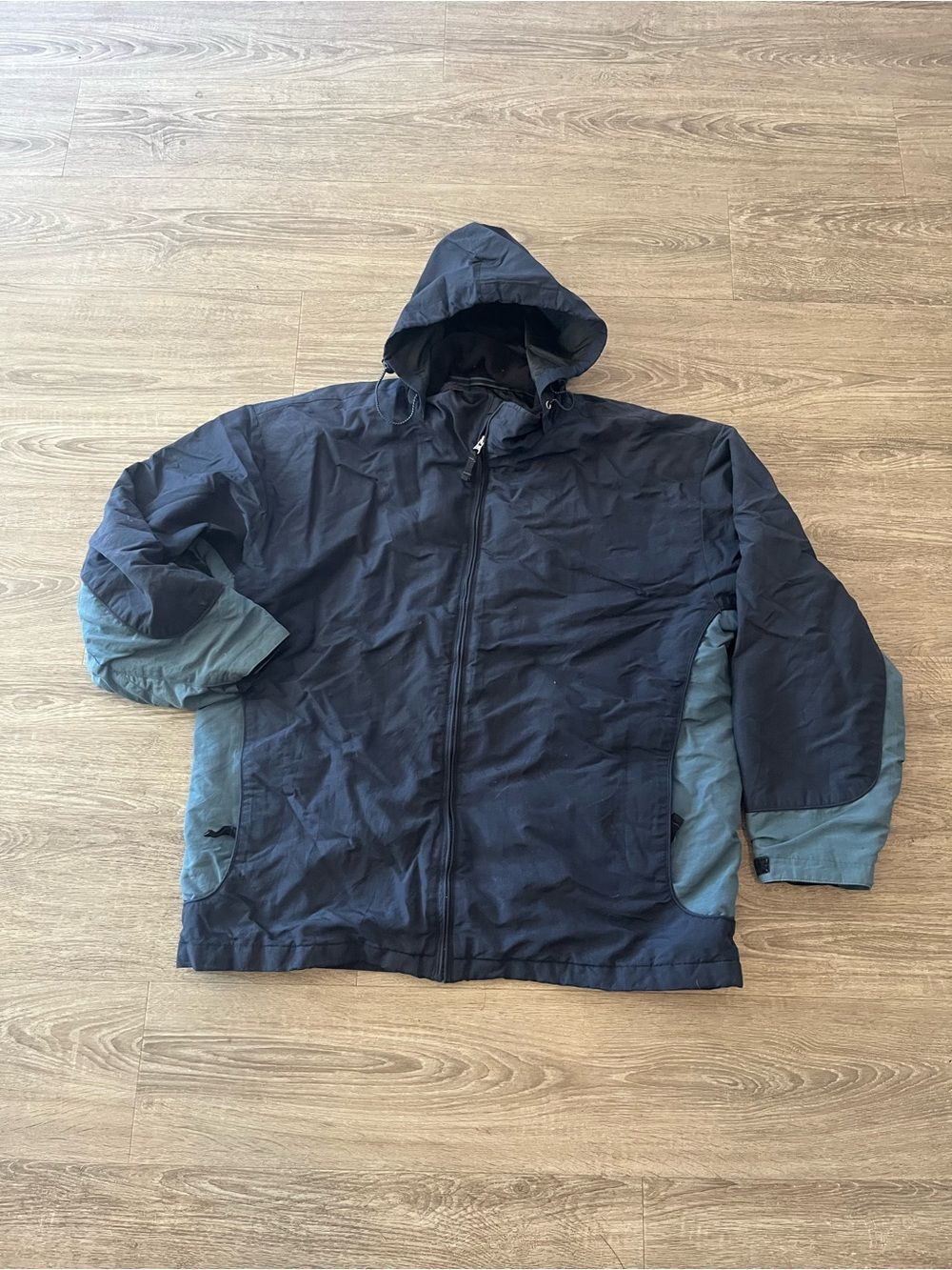 Vintage GAP XL Hooded Nylon Jacket Fleece Lined Black Blue Full Zip Coat Y2K